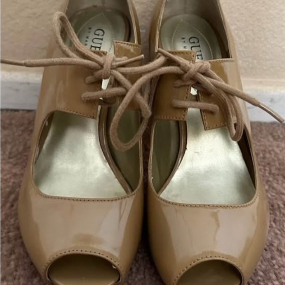 Guess Tan Lace-Up Peep Toe Heels size 6
